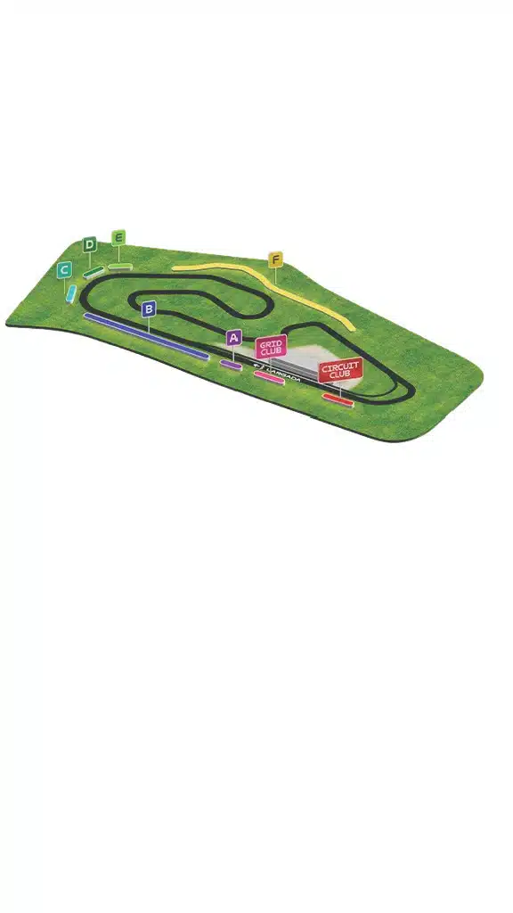 Mapa do circuito – Setores A a F, Grid Club, Circuit Club e bancadas